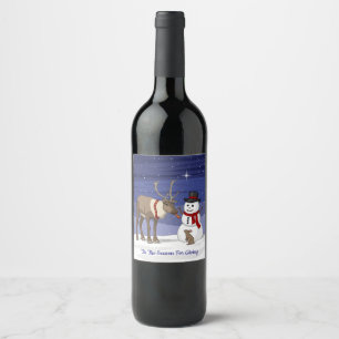 Happy Christmas Snowman & Cute Reindeer Wine Label