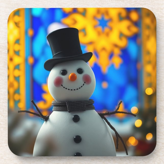 Happy Christmas Snowman Hard Plastic Coaster (Front)