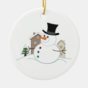 Happy Christmas Snowman Illustration Ceramic Ornament