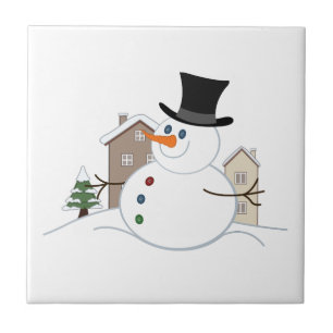 Happy Christmas Snowman Illustration Ceramic Tile