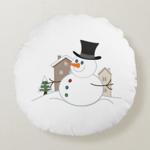 Happy Christmas Snowman Illustration Round Cushion