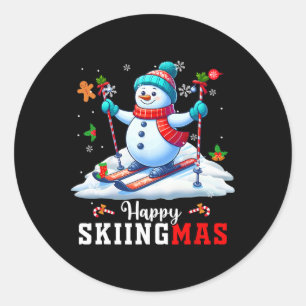 Happy Christmas Snowman Skiing Xmas Player Kids Fa Classic Round Sticker