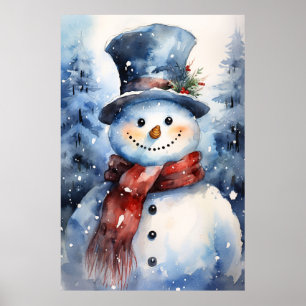 Happy Christmas Snowman With A Top Hat in the Snow Poster