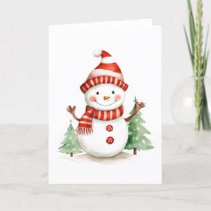 Happy Christmas Snowman with Trees  Holiday Card