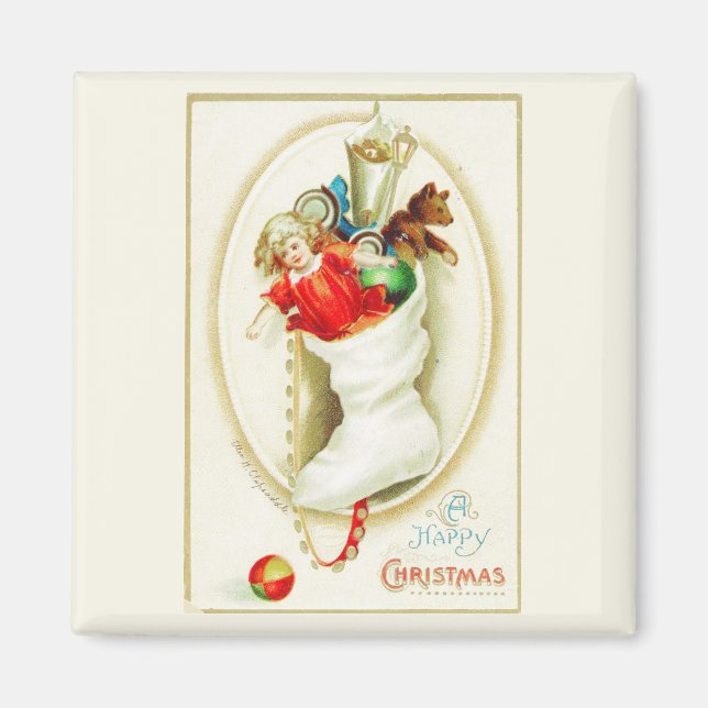 Happy Christmas Stocking Vintage Magnet (Front)