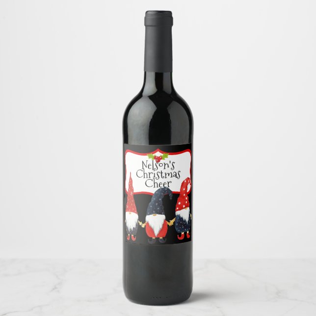 Happy Christmas Three Elves Custom Wine Label (Front)