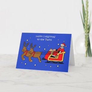 Happy Christmas to the Twins Santa and Sleigh Holiday Card