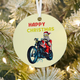 Happy Christmas Vintage Santa Biker   Metal Tree Decoration