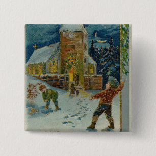 Happy Christmas - Vintage snowball fight postcard 15 Cm Square Badge