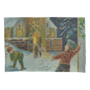 Happy Christmas - Vintage snowball fight postcard Pillowcase