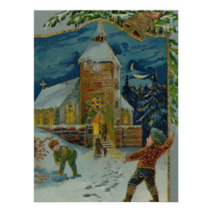 Happy Christmas - Vintage snowball fight postcard Poster