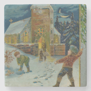 Happy Christmas - Vintage snowball fight postcard Stone Coaster