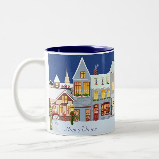 Happy Christmas Winter & Snowman Two-Tone Coffee Mug (Left)