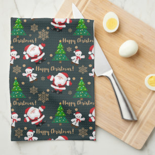 Happy Christmas with Santa Christmas Trees Tea Towel
