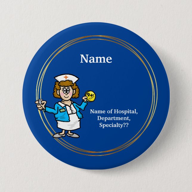 Happy, Chubby Female Nurse with Pill Button (Front)