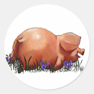 Happy, Chubby, Smiling Pig: Oil Pastel Art Classic Round Sticker