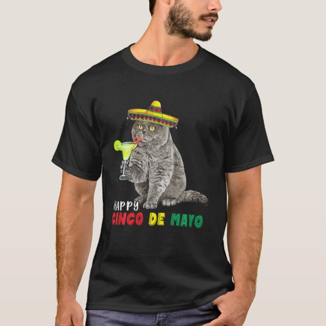 Happy Cinco De Mayo Cat Drinking Margarita Flaming T-Shirt (Front)