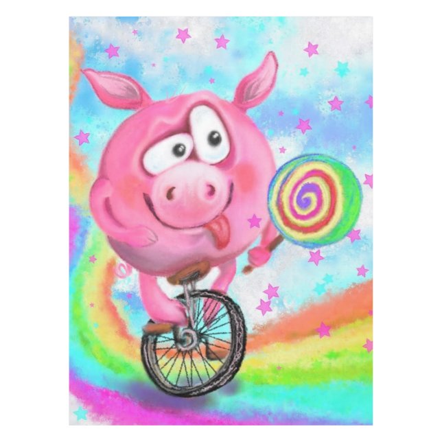 Happy Circus Acrobat Piggy Cyclist Licks Lollipop  Tablecloth (Front)