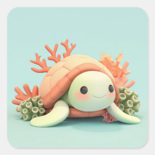 Happy Clay Sea Turtle in Coral Reef Square Sticker