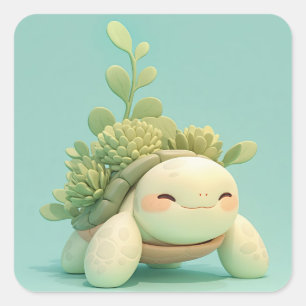 Happy Clay Sea Turtle with Succulent Square Sticker
