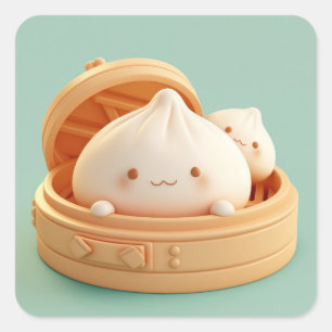 Happy Clay Steamed Dumplings in Bamboo Basket Square Sticker