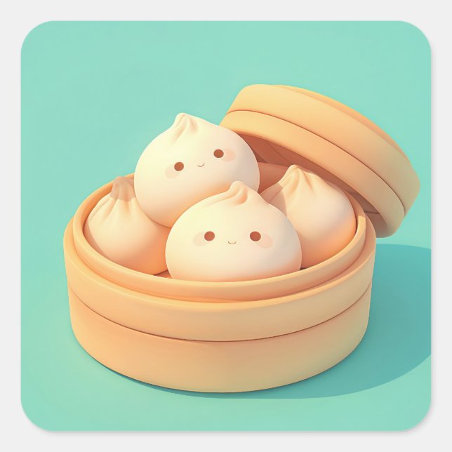 Happy Clay Steamed Dumplings in Bamboo Steamer Square Sticker (Front)