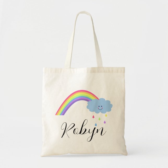 Happy cloud and rainbow, your name in script tote bag (Front)