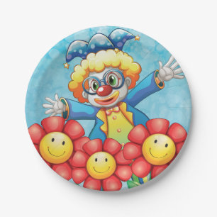 Happy Clown and Smiling Flowers Paper Plate