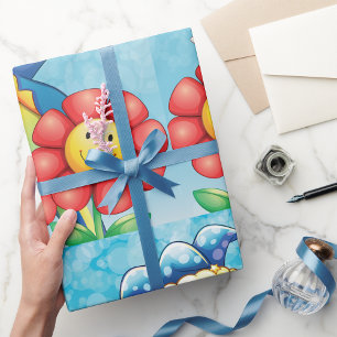 Happy Clown and Smiling Flowers Wrapping Paper