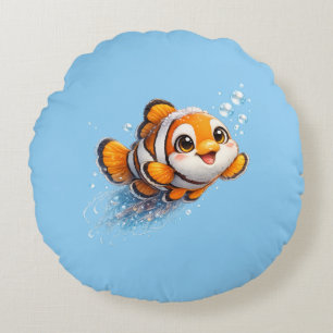Happy Clownfish Tropical Sea Life Illustration Round Cushion