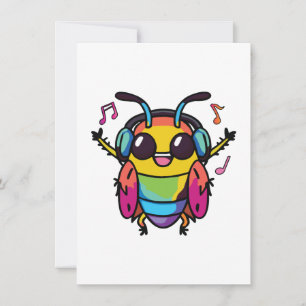 Happy cockroach with headphones listening to music card