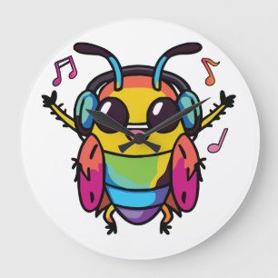 Happy cockroach with headphones listening to music large clock