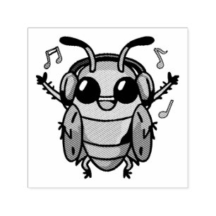 Happy cockroach with headphones listening to music self-inking stamp