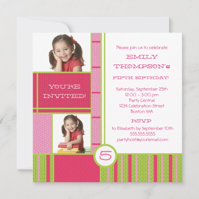 Happy Colour Block Little Girl Party Invitation (Front)