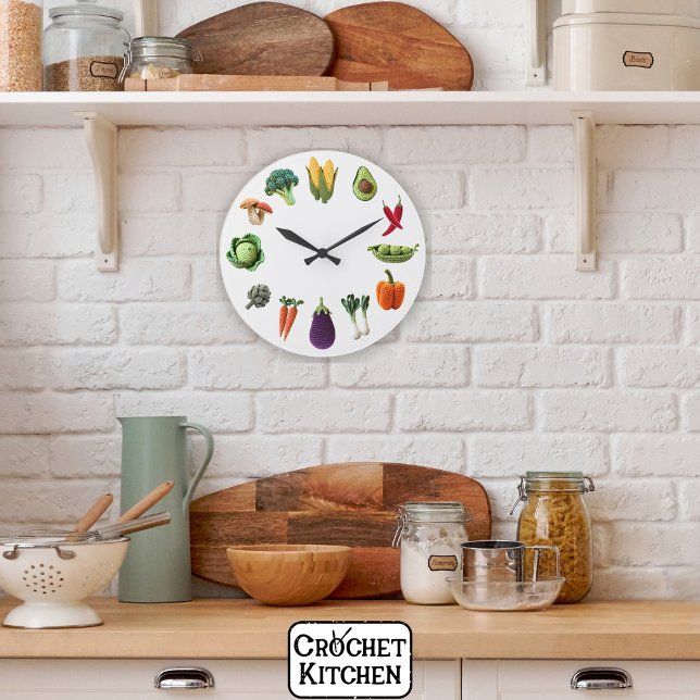 Happy Colourful Crochet Vegetable Mushroom Collage Large Clock (Creator Uploaded)