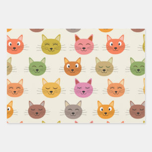 Happy Colourful kawaii Cartoon Cats pattern Wrapping Paper Sheet