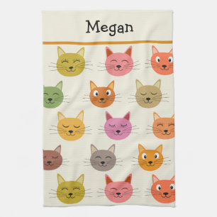 Happy Colourful kawaii Cartoon Cats personalised Tea Towel