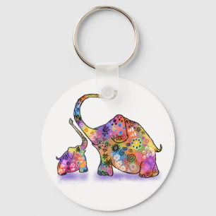 Happy Colourful Mother and Baby Elephant - Drawing Key Ring