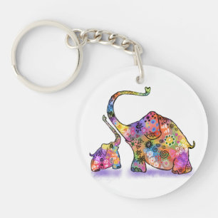 Happy Colourful Mother and Baby Elephant - Drawing Key Ring