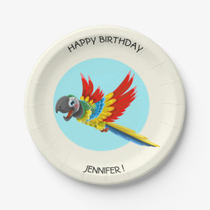 Happy colourful parrot cartoon kids birthday name paper plate