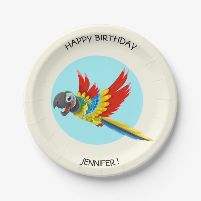Happy colourful parrot cartoon kids birthday name paper plate (Front)