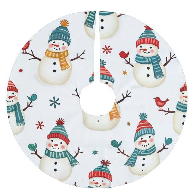 Happy colourful snowmen brushed polyester tree skirt (Front)