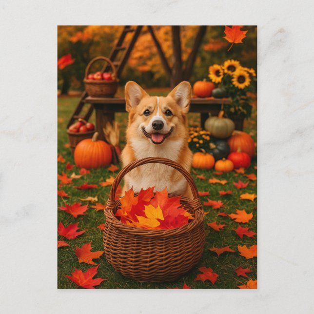 Happy Corgi Autumn Park Fall Leaves Postcard (Front)