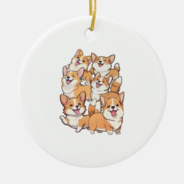 happy Corgi dogs Ceramic Ornament (Front)