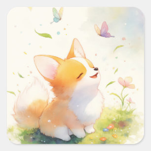Happy Corgi with Butterfly Dance Square Sticker