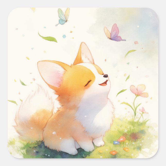 Happy Corgi with Butterfly Dance Square Sticker (Front)
