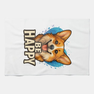 Happy Corgi with Colourful Heart- Dog lover design Tea Towel