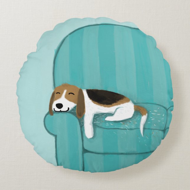 Happy Couch Beagle | Cute Sleeping Dog | Pet Art Round Cushion (Front)