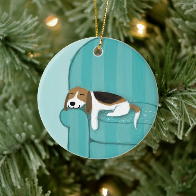 Happy Couch Dog | Cute Beagle Pet Lover's Holiday Ceramic Ornament (Tree)