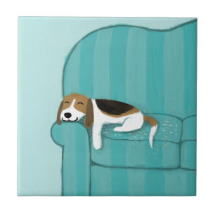 Happy Couch Dog - Cute Beagle Sleeping   Pet Art Ceramic Tile